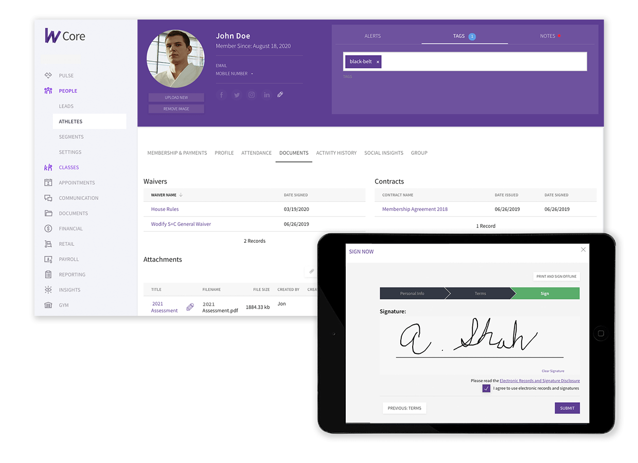 Track attendance, enforce membership rules, and send digital waivers with Wodify's Martial Arts software.
